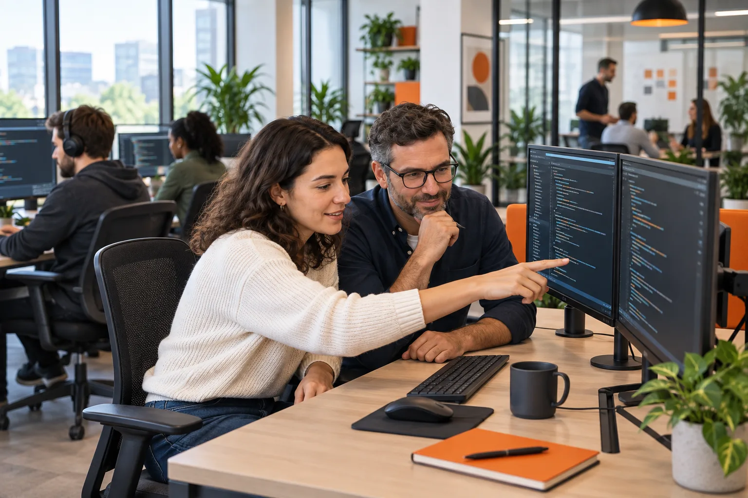 Developers working at multiple-monitor workstations in a modern software studio.