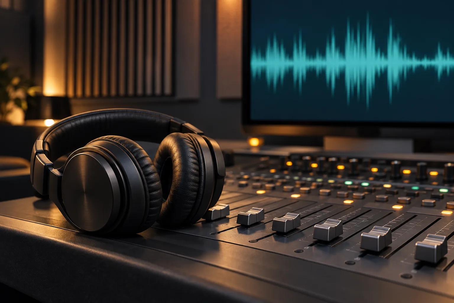 Monitoring headphones resting on an audio control surface with a waveform display in the background.