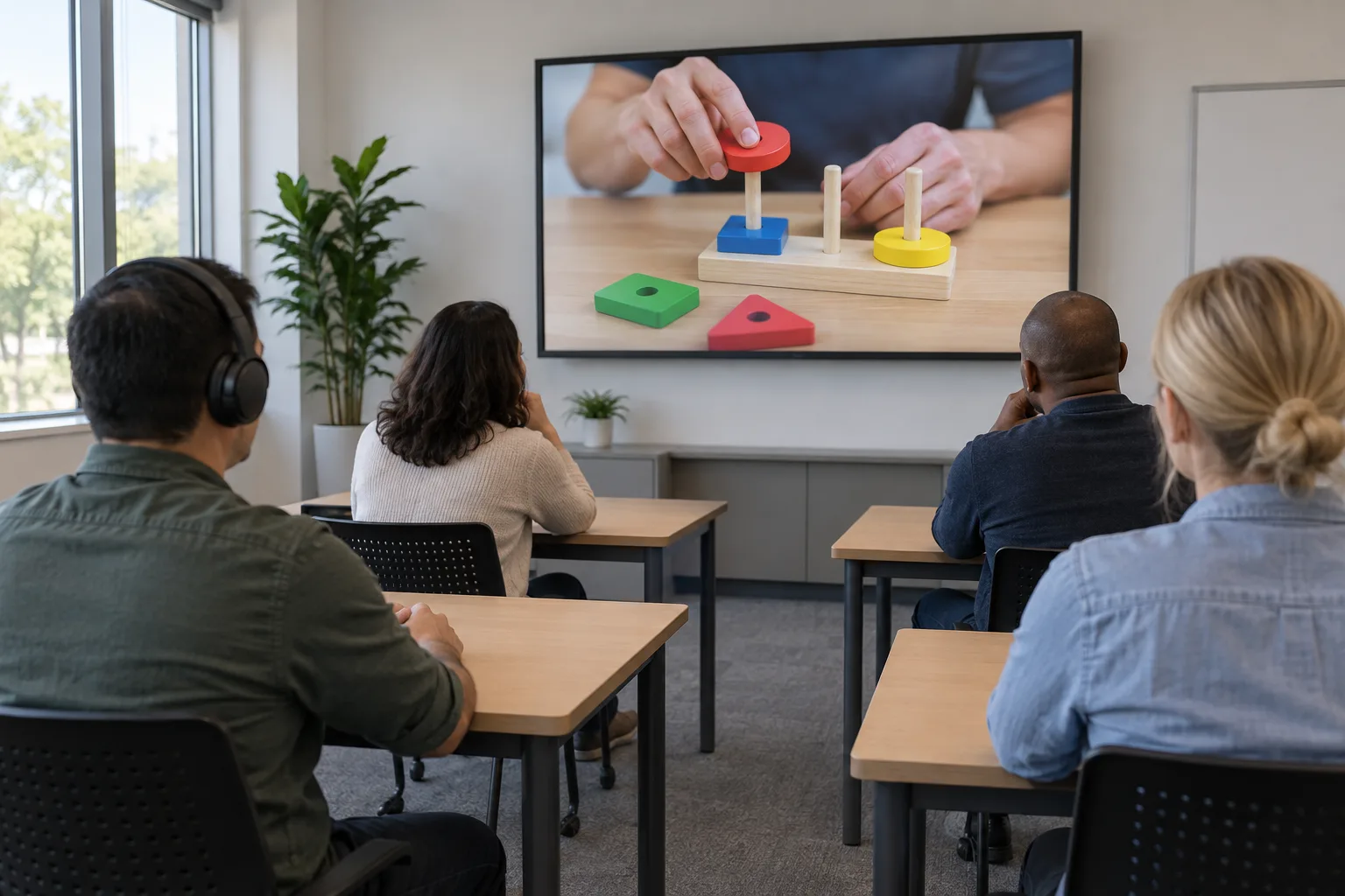 Adult learners watching a demonstration video on a large classroom display, with one learner wearing headphones.