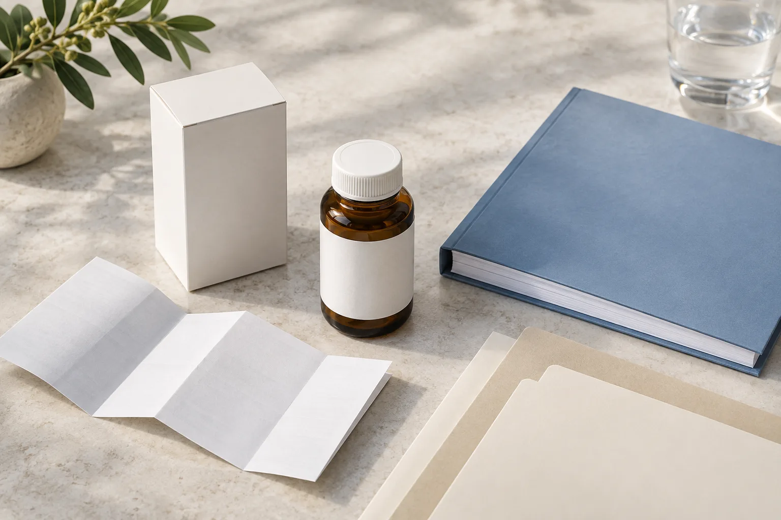 An unbranded medicine bottle and carton beside a folded leaflet, a bound report, and document folders.