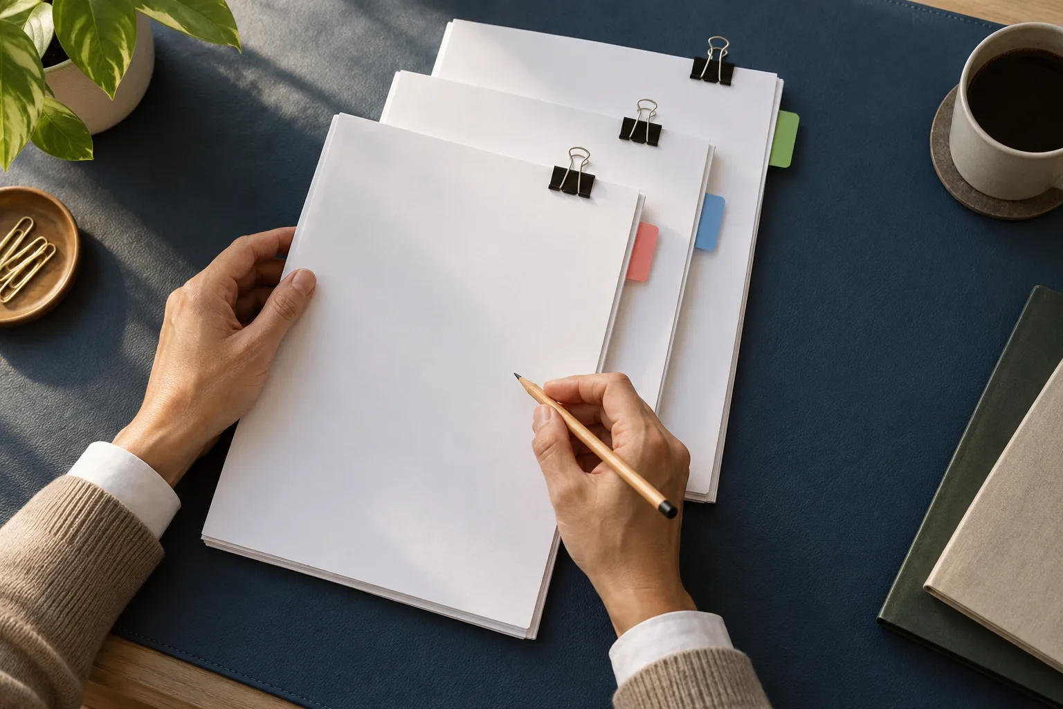 Hands arranging three clipped document packets with colored tabs on a blue desk mat.