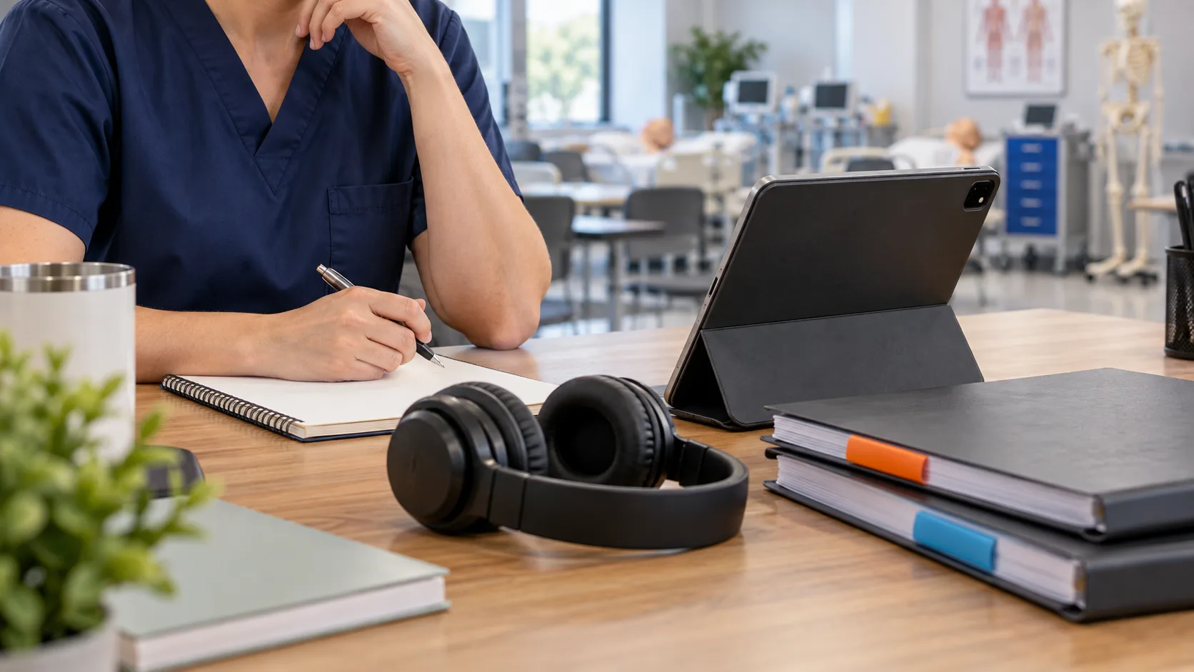 As mãos de um educador ao lado de um tablet, fones de ouvido e pastas em um ambiente de educação clínica.