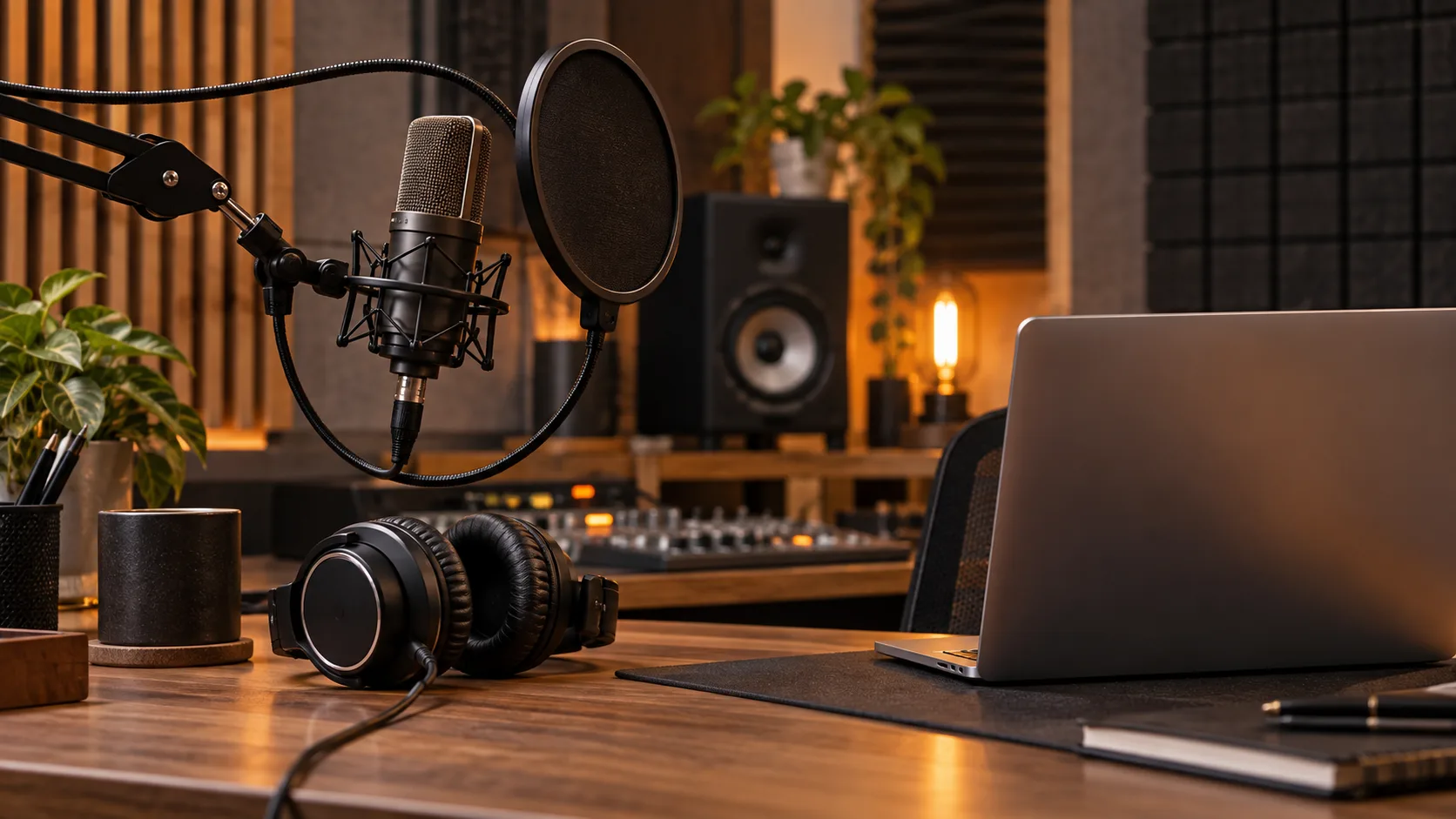 A studio microphone, headphones, and laptop arranged for audio production.