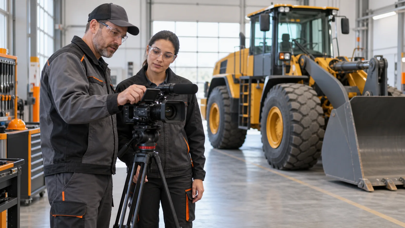 Two instructors review video camera footage beside a parked piece of heavy equipment in a training workshop.