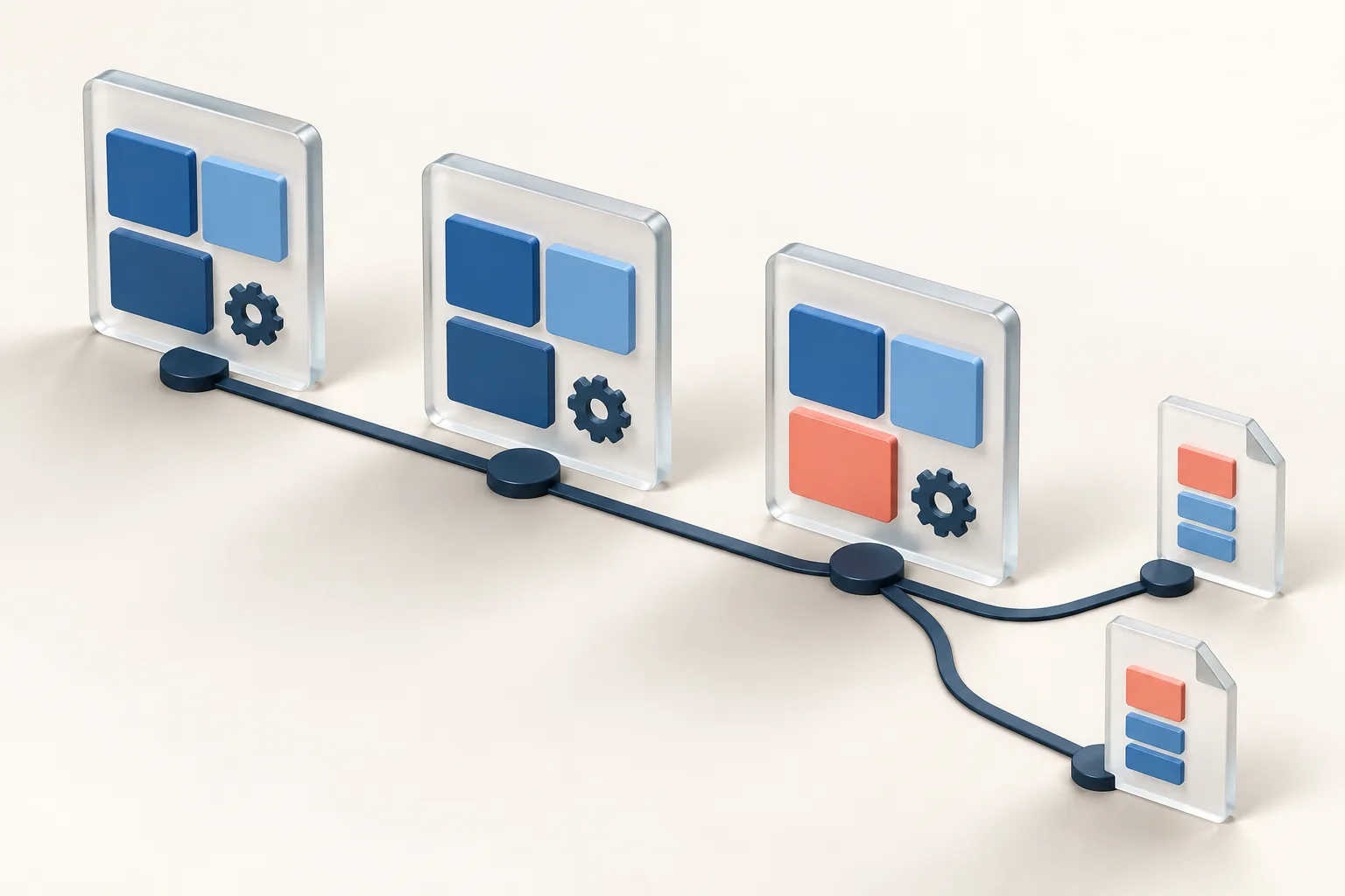 A conceptual software version sequence with a changed module carried into two connected document tiles.