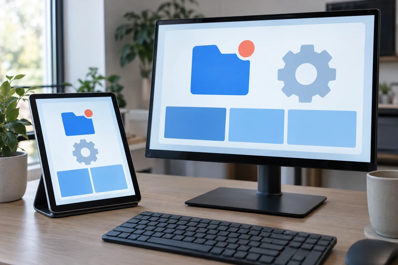 A monitor and tablet displaying matching pictorial software interface mockups in different layouts.