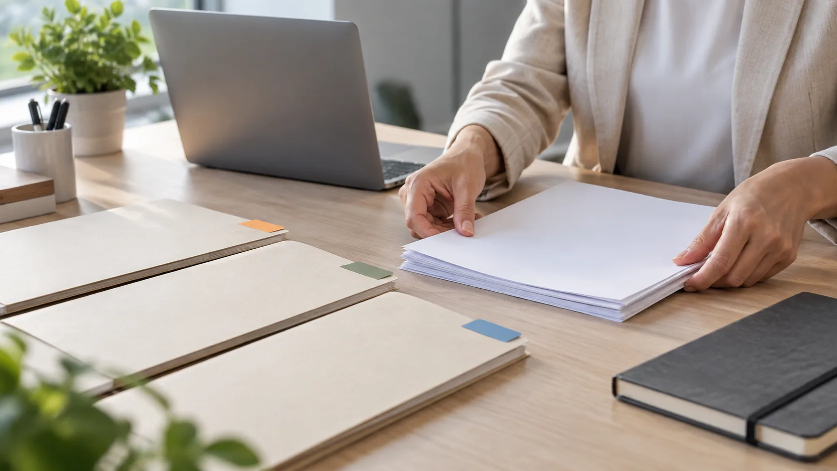 Human hands organizing plain research folders and study documents on a medical-office desk.