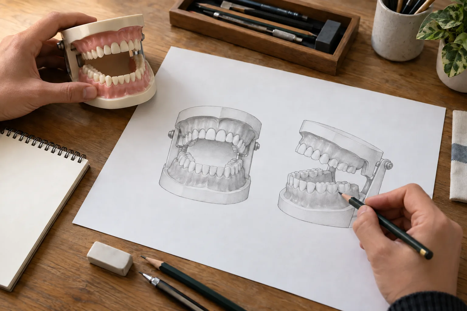 Hands comparing a dental teaching model with two drawn views of the model on a technical illustration sheet.