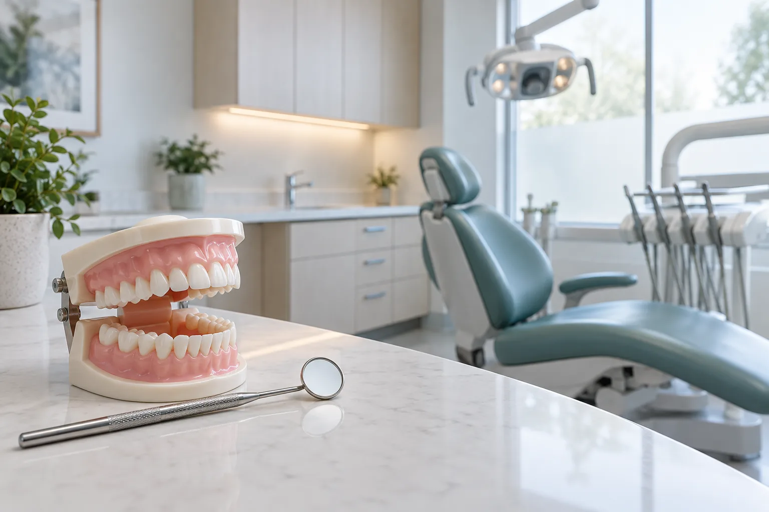 A dental teaching model and mirror on a counter in an empty demonstration room with a teal dental chair.