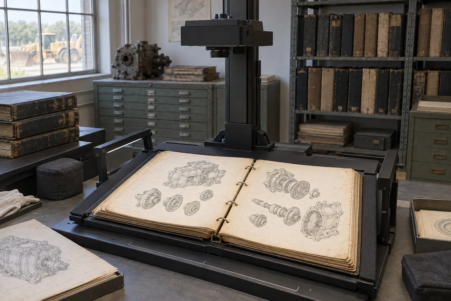 Um manual mecânico ilustrado aberto sob um digitalizador de documentos em um arquivo industrial.