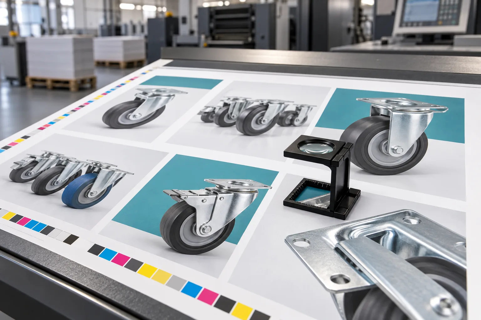Uma lupa para inspeção de impressões apoiada sobre uma página impressa contendo imagens de produtos de design industrial e amostras de cores.