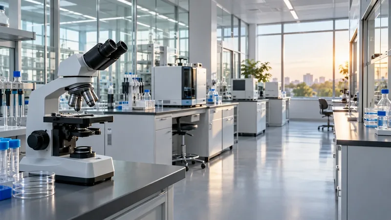 A microscope in the foreground of an empty, sunlit research laboratory with analytical instruments along the benches.
