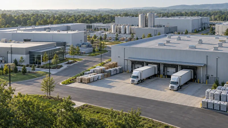 Vista elevada de edifícios industriais e um pátio de recebimento com dois caminhões de entrega brancos estacionados nas docas de carregamento.