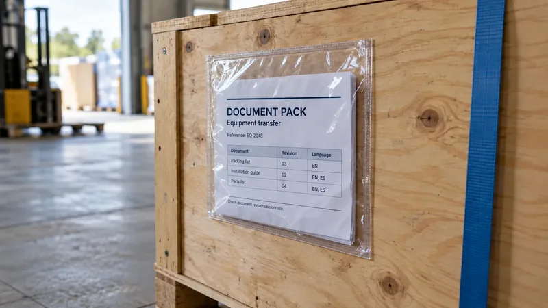 Uma bolsa transparente contendo um documento dobrado, presa a uma caixa de madeira compensada para transporte, ao lado de uma fita de embalagem azul.