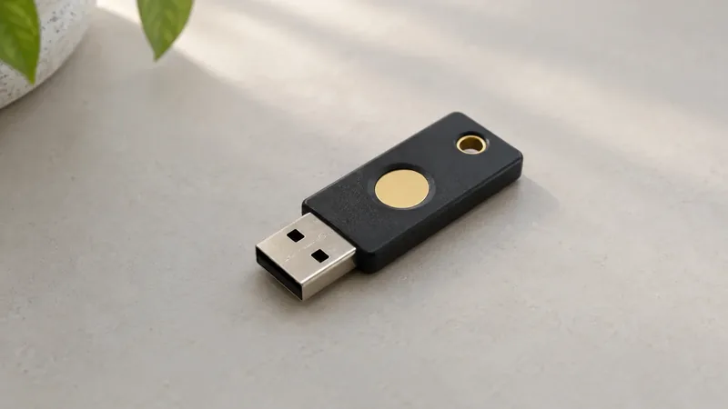 Uma chave de segurança USB preta, sem marca, com um contato circular dourado, repousando sobre uma mesa clara.
