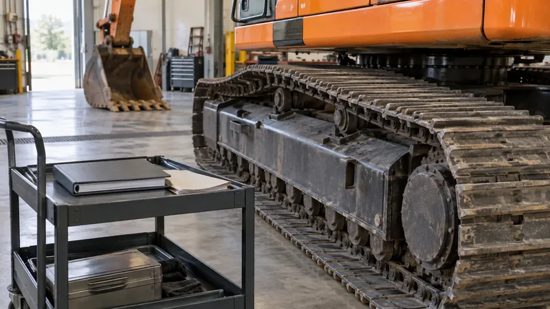 A service cart holding a closed binder and document folder beside the steel track of an excavator in a workshop.