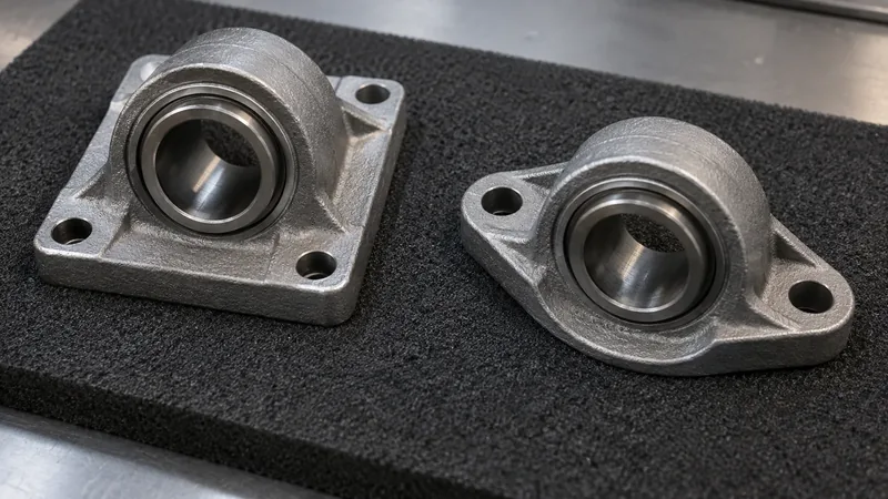 Two metal bearing housings with different mounting flange shapes resting on protective foam.