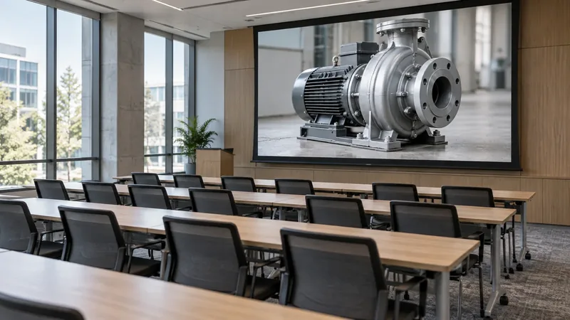 Rows of empty seats in a corporate training room facing a projection screen displaying an industrial pump.