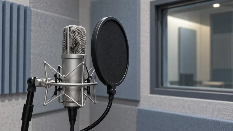 A studio microphone and pop filter inside an empty recording booth with acoustic wall panels.